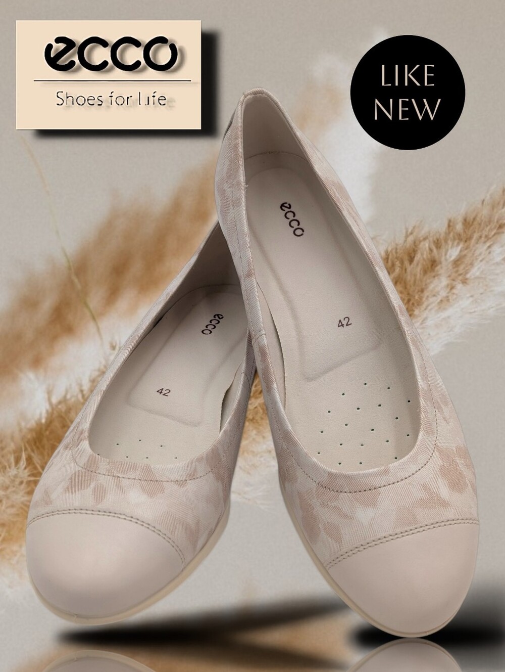 ECCO Sz 11-11.5 Women's Beige Floral Cap Toe Smooth Leather Slip-On Ballet Flats
